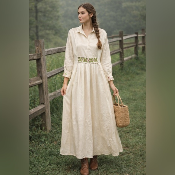 Cortigiani Dresses & Skirts - Cortigiani Embroidered Modest Maxi Dress Cream Satin Long Sleeve Size L